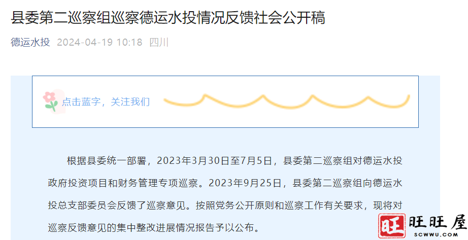 仪陇县委第二巡察组巡察德运水投情况反馈社会公开稿